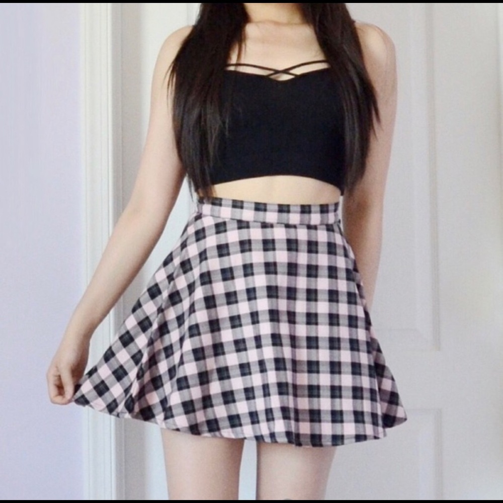 American Apparel Pink & Black Plaid A-Line Skirt